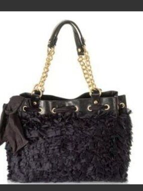 JUICY CONTURE Daydreamer  Black Ruffle Tote Bag with Gold Chain Handles